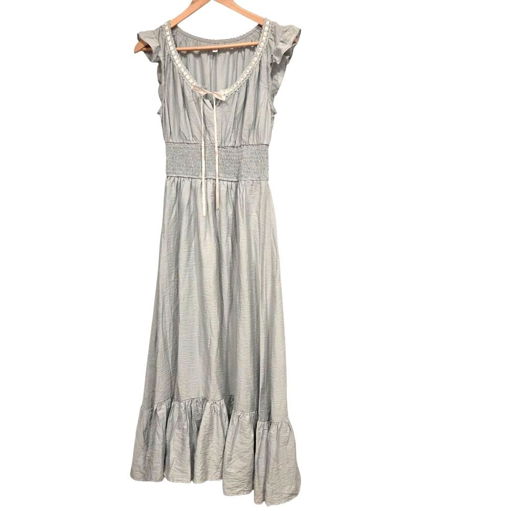 Light Gray Maxi Dress with Smocked Waist and Ruffle Hem